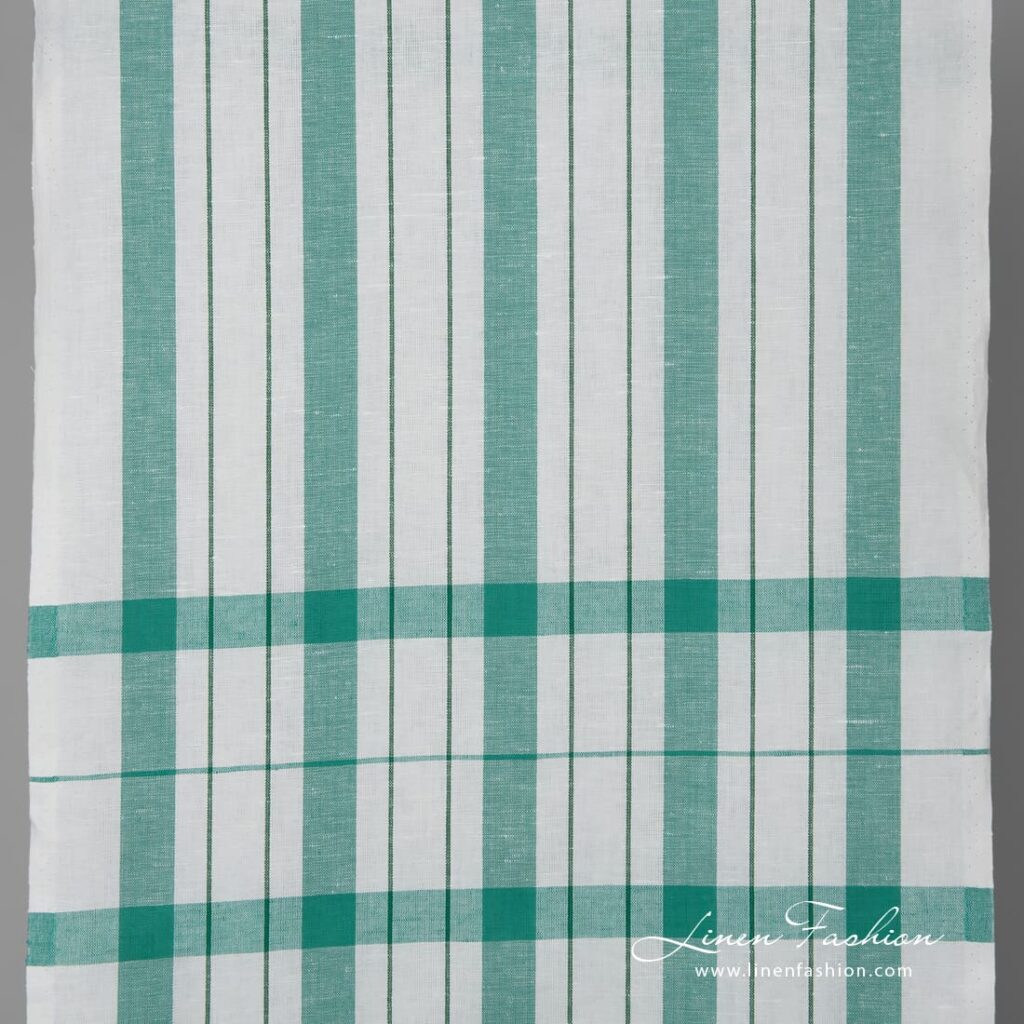 White linen cotton fabric with green stripes