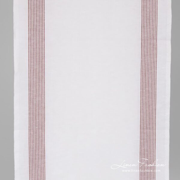 White narrow linen cotton fabric with thin brown stripes.