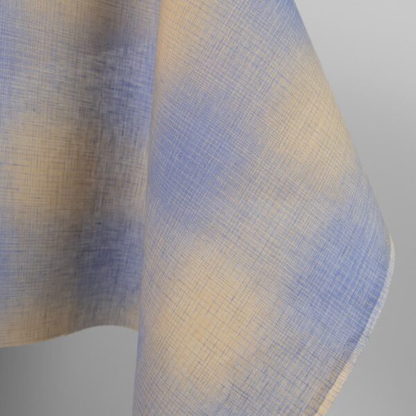 Linen fabric sand and blue checks colour mix gradient close up edge