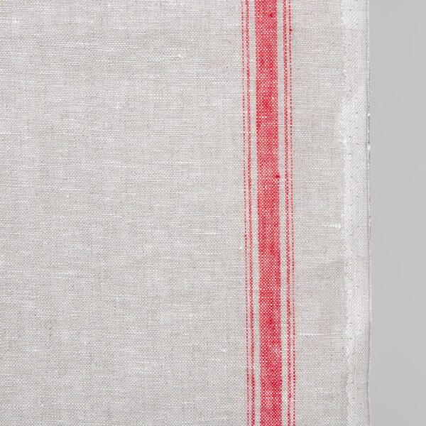 Narrow linen fabric light grey colour with red stripes close up edge