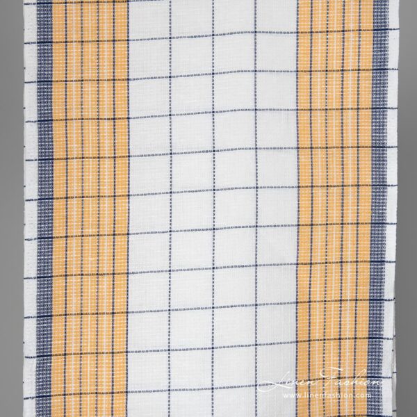 White, orange and blue checked linen / cotton fabric