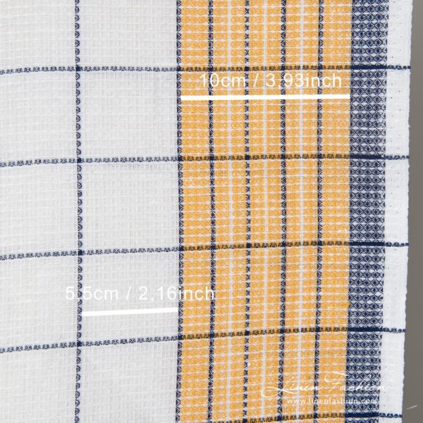 Optical white, pale orange and dark blue checked linen / cotton "waffle" fabric is ideal for sewing kitchen towels