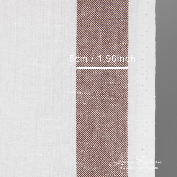 Linen cotton optical white fabric with brown stripes on sides in twill weave is thick, dense and highly absorbent