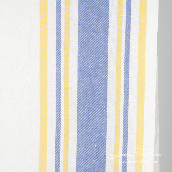White narrow linen blend fabric in yellow, blue stripes