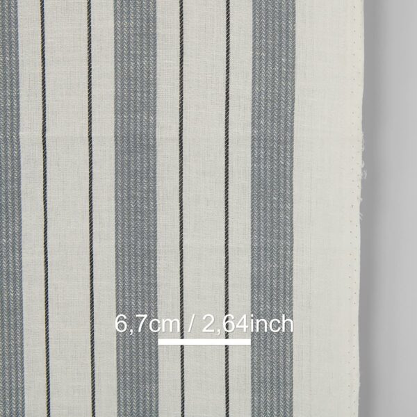 Narrow linen cotton fabric off-white with grey stripes twill, with measurements