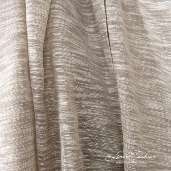 Linen cotton fabric sand colour with white stripes close up detail