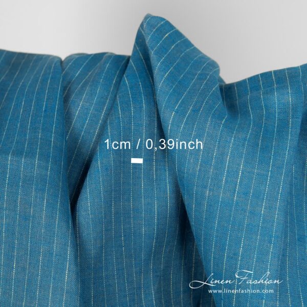 Linen fabric blue with yellowish stripes with measurements