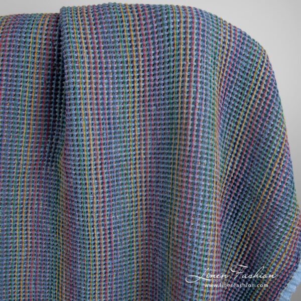 Blue linen cotton fabric in waffle pattern, specially washed
