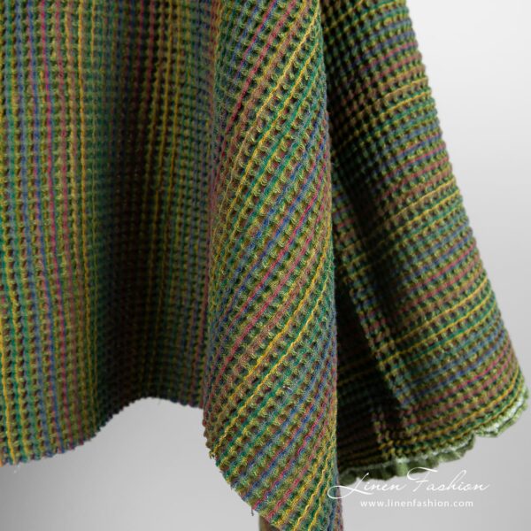 Green linen cotton fabric in waffle pattern, specially washed to increase softness