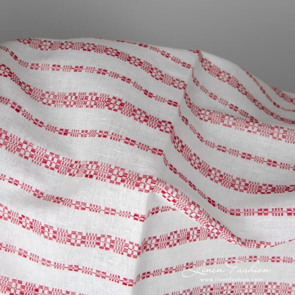 White linen-cotton fabric in red patterned stripes