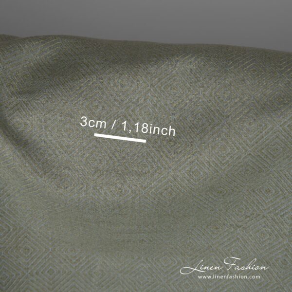 Linen cotton fabric in greyish green diamond pattern with measurements
