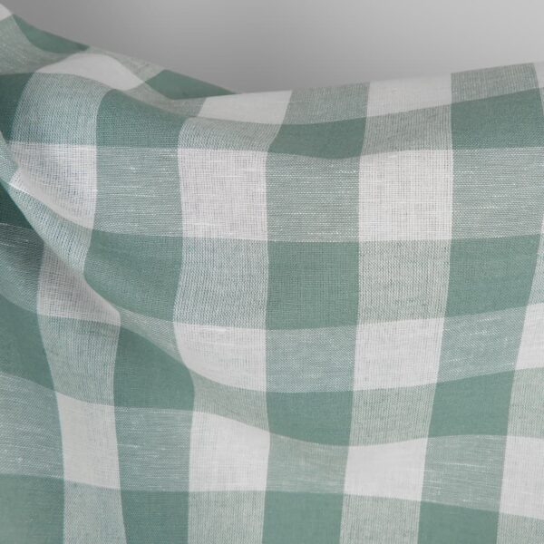 Green checked linen cotton fabric close up detail