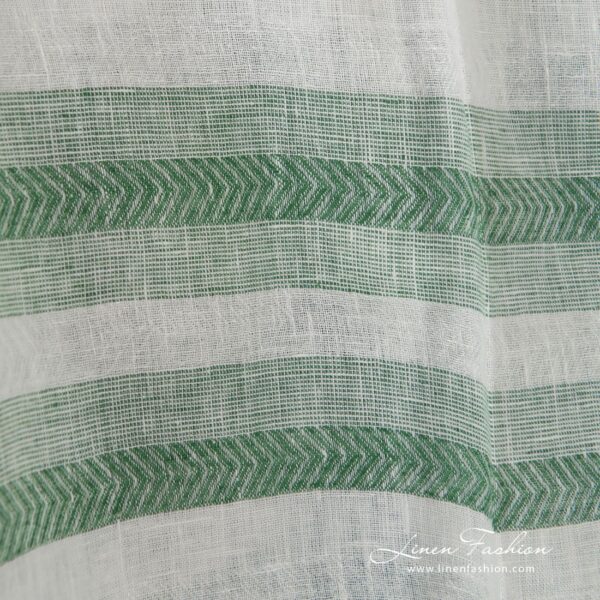 100% linen fabric in green and white herringbone stripes