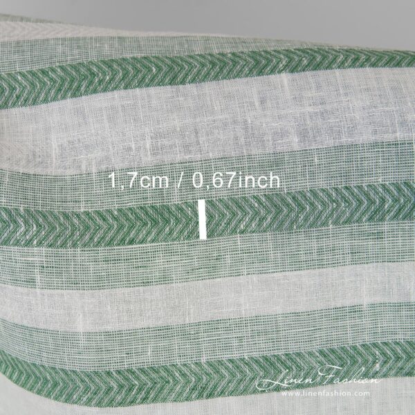 Green and white linen fabric in stripes, perfect for home textile