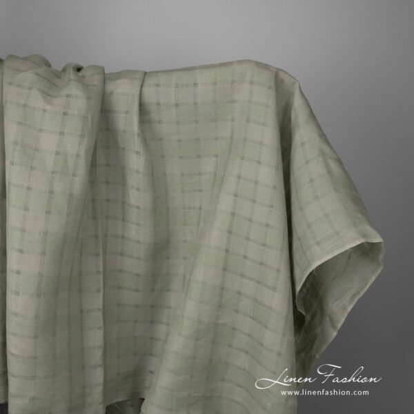 Linen fabric dusty green grey striped checks