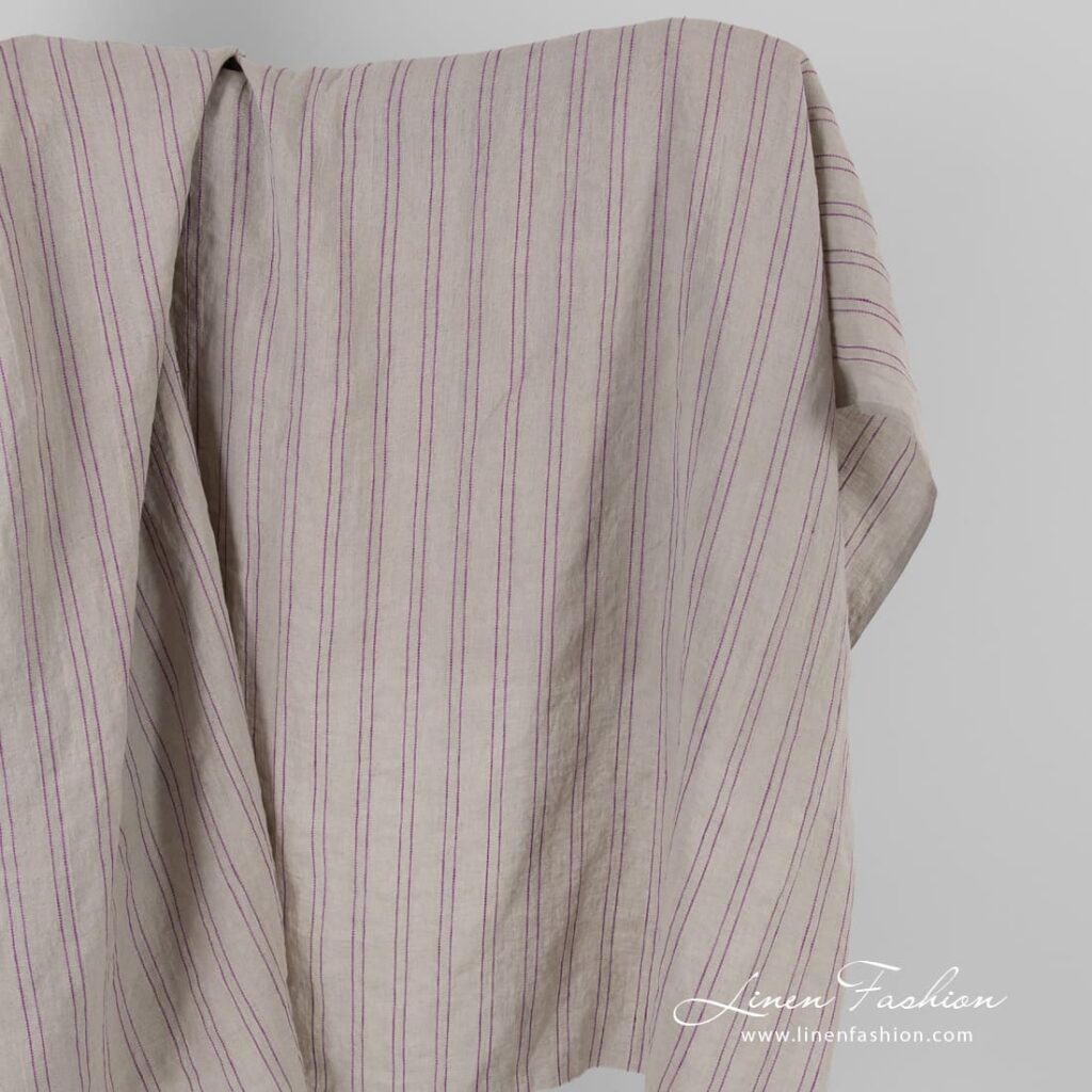 Natural color linen fabric in violet stripes