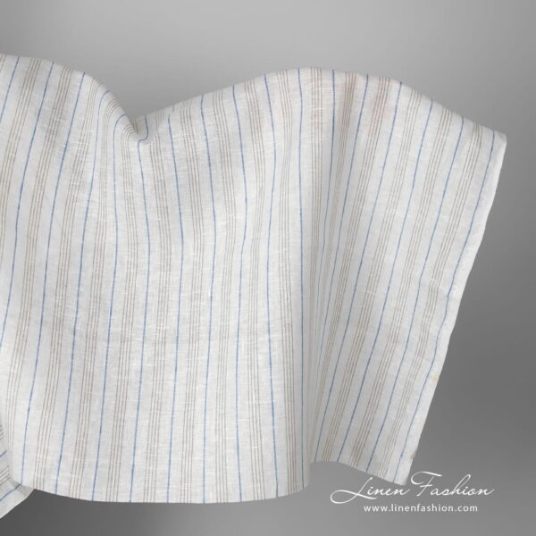 Linen fabric white with blue and grey stripes