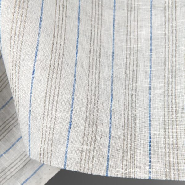 Linen fabric white with blue and grey stripes edge