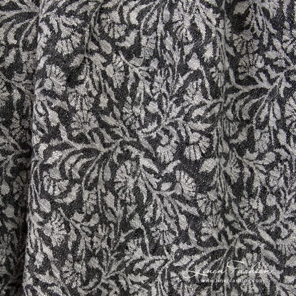 Black linen cotton jacquard fabric with flowery ornaments