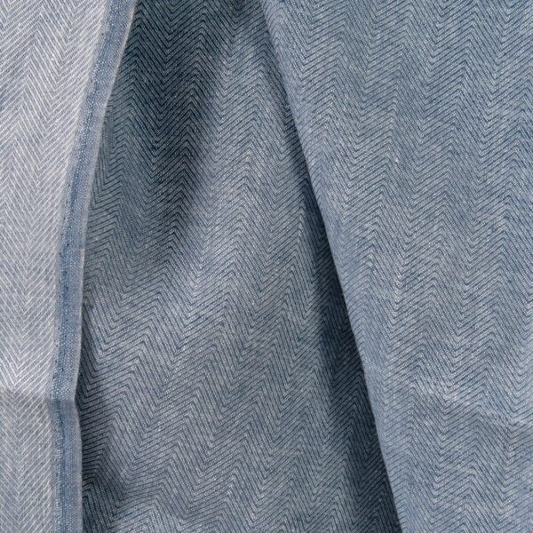 Linen fabric white blue in herringbone pattern double-sided close up detail