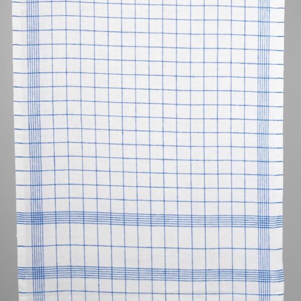 Tejido estrecho de lino blanco brillante con cuadros azules