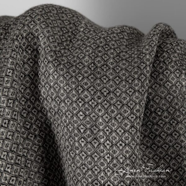 Grey linen fabric in black rhombus, perfect for clothes and home textile