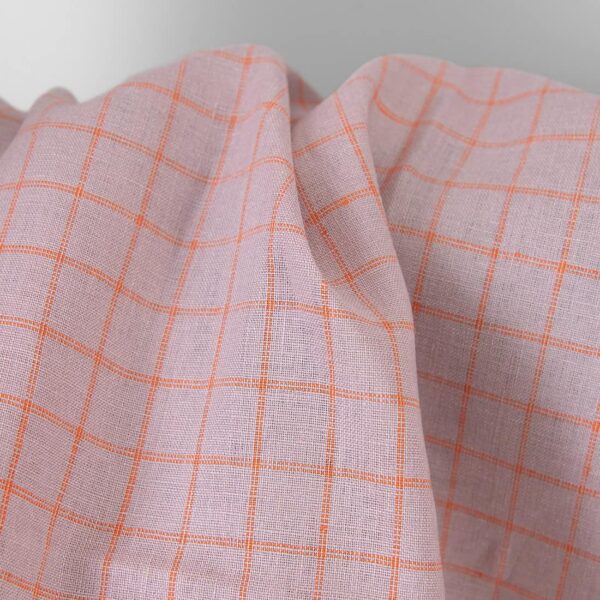 Tela de lino lila con cuadros naranjas - Imagen 2