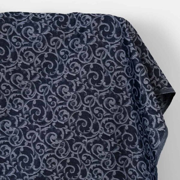 Tela de algodón lino jacquard azul y gris lurex plateado
