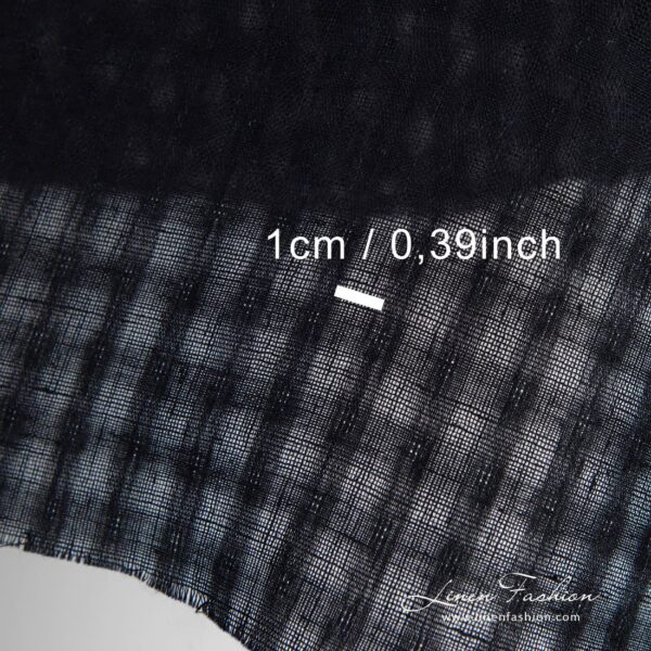 Solid black linen fabric in transparent checks, with measurements