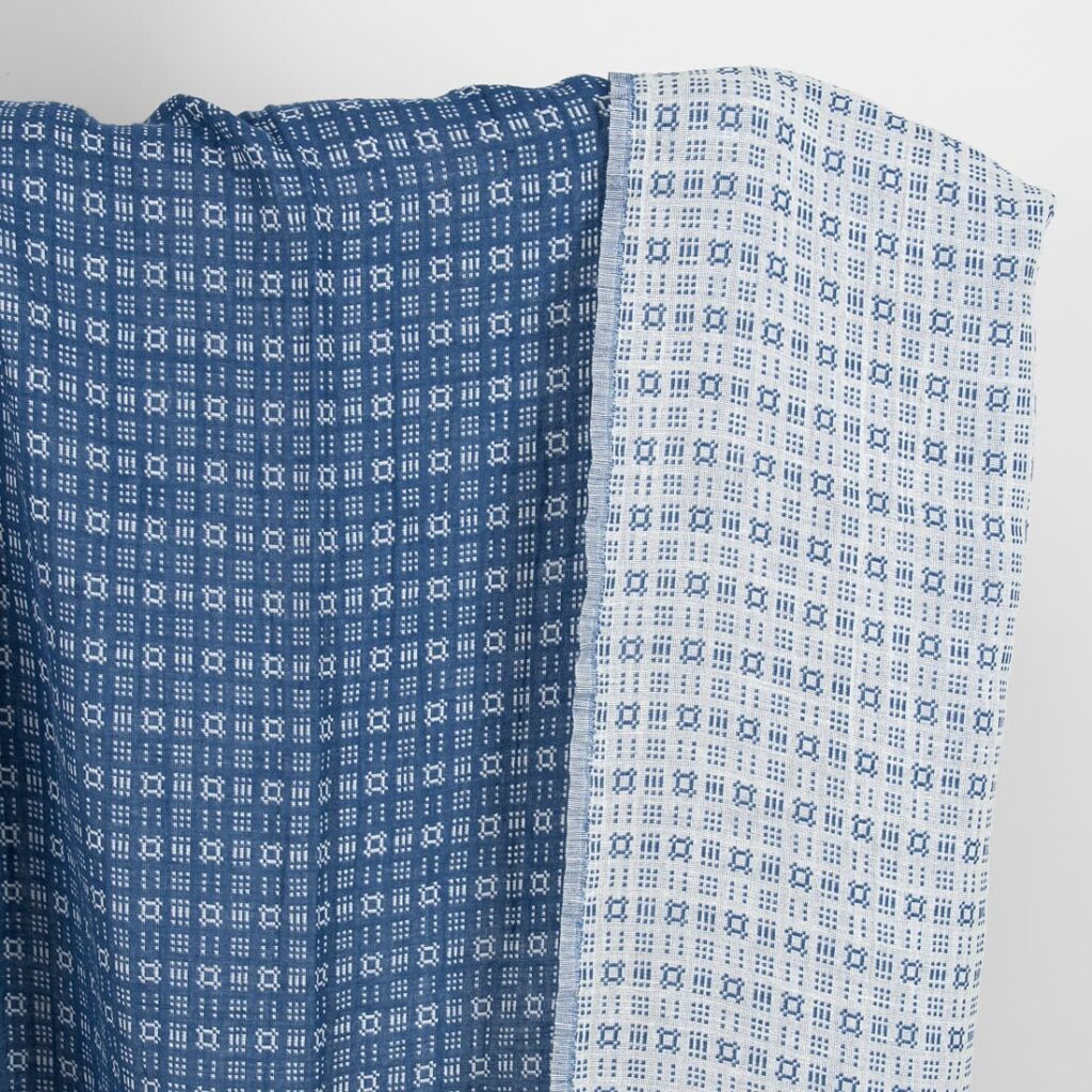 Washed linen cotton fabric off-white and blue pattern