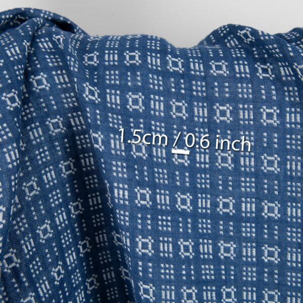Washed linen cotton fabric off-white and blue pattern blue side