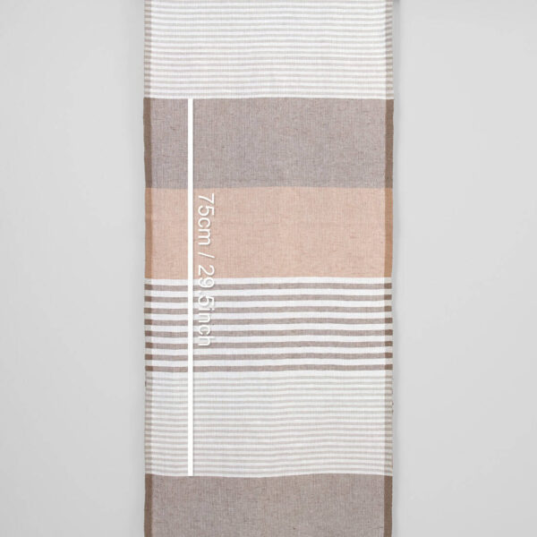 Narrow linen cotton fabric white with various brown stripes, for kitchen towels