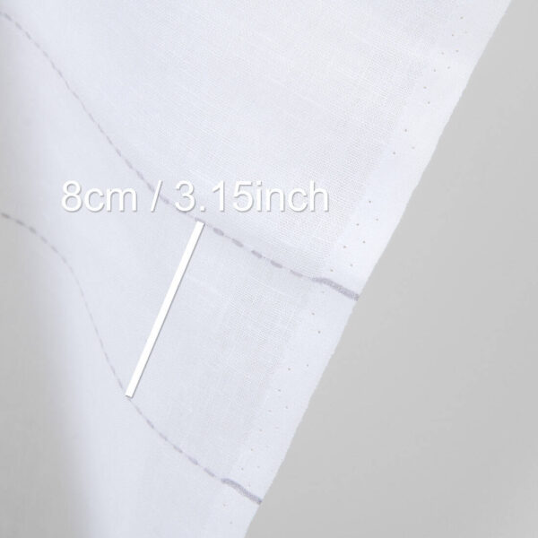 Linen fabric white with grey dashed stripes, with measurements