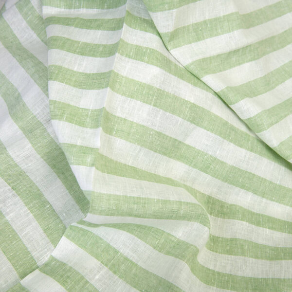 Linen fabric in green and white stripes, pure linen fabric