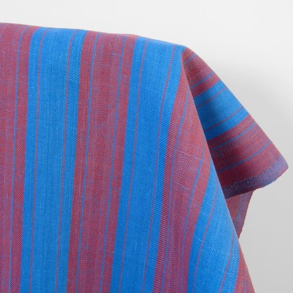 Linen cotton fabric red and blue herringbone stripes, unwashed