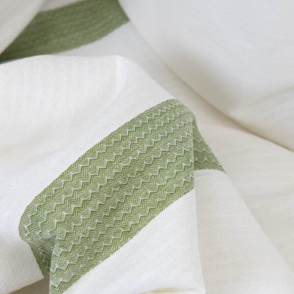Linen cotton fabric white with green stripe herringbone