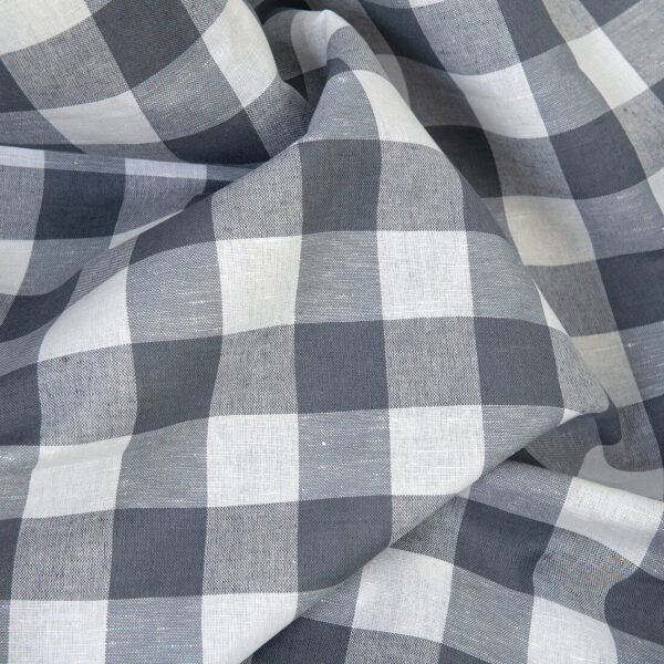 Linen cotton fabric white and grey checks, unwashed