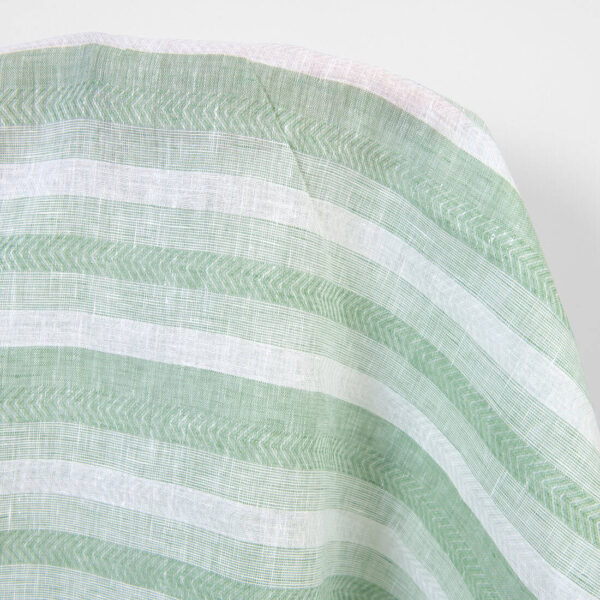 Linen fabric in pale green and white herringbone stripes, 150cm width