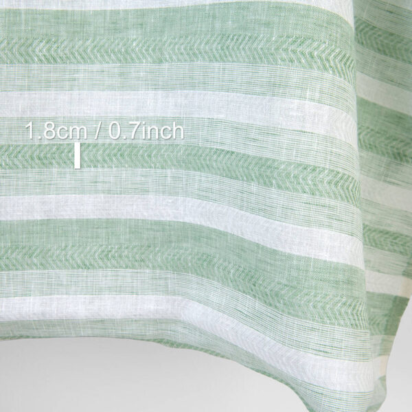 Linen fabric in pale green and white herringbone stripes, with measurements